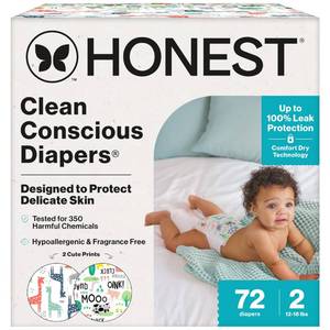 lot 11154 image: The Honest Company Daytime Diapers, Multi-Colored Giraffes, Size 2, 72 Ct