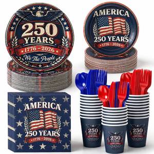 lot 11158 image: 125 Pcs 250th Anniversary Patriotic Party Kit 4th of July Party Supplies Plates Paper Cups Cutlery Napkins for 4th of July Decorations Memorial Day Party Supplies