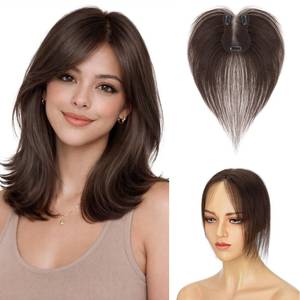 lot 12172 image: TESS Human Hair Toppers for Women, Hair Toppers for Women Real Human Hair,Clip in Bangs,Invisible 3D 360°Full Cover Middle Part Side Bangs 2.8in4.3inLace Base 11 inches 14g #02 Dark Brown