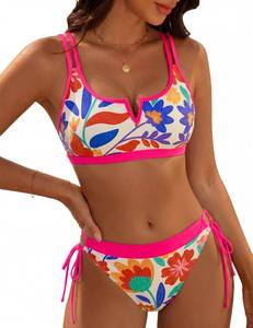 lot 12178 image: BMJL Womenfts Active Color Block Swimsuit, Supportive V-Wire Bikini for Beach Volleyball and Vacation, Neon Sporty Bathing Suit(XL,Apricot Flowers)