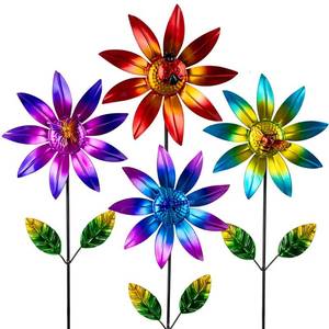 lot 13739 image: Sunnylight 4 Packs Wind Spinner Outdoor, Pinwheels for Yard and Garden, Metal Flower Decorative Garden Stakes for Lawn Patio Porch Decor