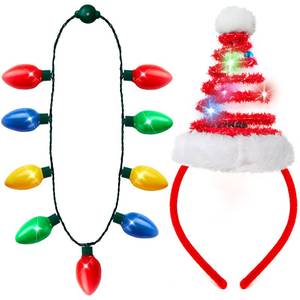 lot 14167 image: JOYIN 2 Pcs Christmas Lighted Necklace and Santa Hat Headband, Christmas LED Necklace with 9 Bulbs and Xmas Headwear for Holiday Perties Xmas Costume Accessories Party Favors