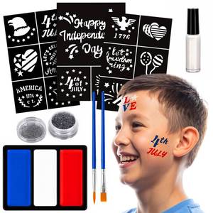 lot 14267 image: ArtCreativity Patriotic Face Paint Kit for Kids - USA Face Painting Set Includes 36 Stencils, Pallet of Paint with Red, White and Blue Colors, Brushes and Glitters - DIY Craft