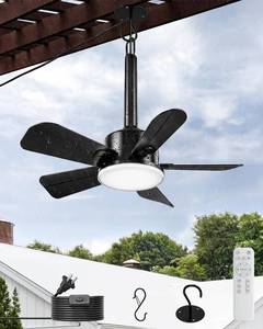 lot 19271 image: NWOP 20 Inch Plug-In Outdoor Ceiling Fan with Light and Remote, Waterproof Wet Rated Mini Ceiling Fan for Small Spaces, 5 Blade Quiet Compact Ceiling Fan for Patio Balcony Gazebo Porch, Black