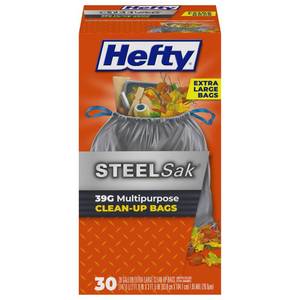 lot 19276 image: Hefty Steelsak Heavy Duty 39 Gallon Trash Bags, Gray, Unscented, 30ct (Open Box, May Be Missing Pieces)