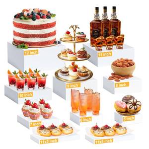lot 19296 image: 5 Pcs Large Acrylic Buffet Risers, White Food Display Stands for Buffet, Dessert Table, Jewelry, and Catering, Stackable Food Risers with Hollow Bottoms, Nesting Cube Box (12in-11in-10in-9in-8in-7in-6in-5in)