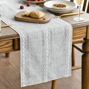 lot 20006 image: Artoid Mode Grey Rustic Cotton Linen Table Runner, Seasonal Embroidered Hollow Kitchen Dining Table Decoration for Home Party Decor 13x36 Inch
