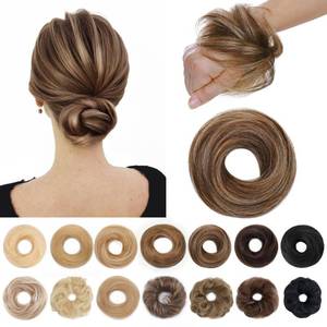 lot 20426 image: SEGO Human Hair Messy Bun Hairpieces Real Scrunchies Natural Wavy Smoothed Updo Donut Chignon Ponytail Extensions for Women Girls-2 PCS #4P27 Medium BrownandDark Blonde