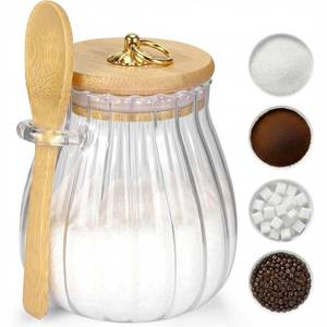 lot 20435 image: Sugar Container with Bamboo Lid and Spoon,15 oz Sugar Bowl Glass Jar