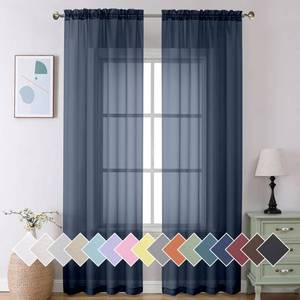 lot 20452 image: Aiyufeng 2 Piece Dark Blue Extra Long Sheer Curtains 120 Inch Length, Light Filtering Kitchen Curtain for Window, Voile Top Dual Rod Pocket, 2 x 40 W x 120in L