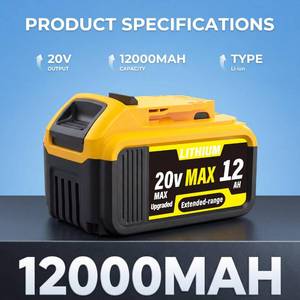 lot 20457 image: LxyWc 1-Pack 12000mAh High-Capacity Replacement for Dewalt 20V MAX Battery, Compatible with Dewalt 20V Lithium Battery DCB200 DCB201 DCB203 DCB204 DCB205 DCB206 DCB207 Series Cordless Power Tools