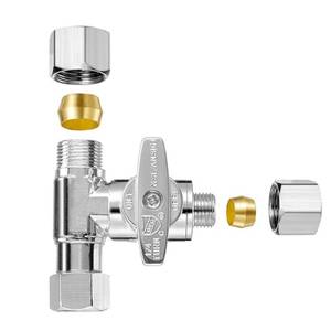 lot 20467 image: Tee Stop Valve (38in x 38in x 14in) - Lead-Free T-Valve for Faucets, Dishwashers, Refrigerators, Icemakers, RO Water Filters, Toilets, Bidets - Threaded 14 Turn Brass T-Connector Valves