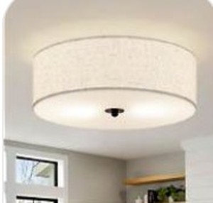 lot 13747 image: CALOKES Flush Mount Ceiling Light Fixture, 13in Close to Ceiling Light with Beige Fabric Linen Drum Shade, 2-Light Modern Round Ceiling Light for Bedroom Hallway Dining Kitchen
