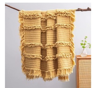 lot 14192 image: Ultra Soft Pre-Washed Quilted Boho Yellow Twin Size Blankets for Bed, Ruffle Fringed Decorative Throw, Stone Washed Chic Rustic Blanket for Sofa Couch Bed, 60in80in