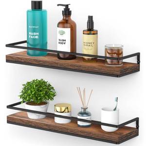 lot 1907 image: Meangood Floating Shelves Wall Mounted Set of 2, Rustic Wood Wall Storage Shelves for Bedroom,Living Room,Bathroom, Kitchen Rustic Brown