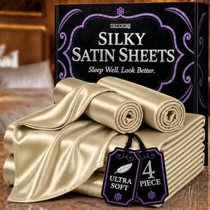 lot 1910 image: DECOLURE Satin Bed Sheets - 4 Piece Luxury Silky Queen Size Bedding Set - Softer Than Silk, Wrinkle-Free with 15 Deep Pocket Fitted Sheet, Perfect for Hair & Skin, Gifts for Women (Champagne)