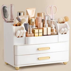 lot 1912 image: HBlife Makeup Organizer for Vanity with Brush Holder, Large Bathroom Countertop Cosmetic Organizer Skin Care Storage, Easy to Store Lipsticks, Nail Polishes, Perfumes, Eyeshadow Palettes, All White