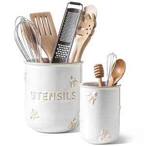 lot 1922 image: LE TAUCI Kitchen Utensil Holder Set of 2 - 6.95.3 Large Ceramic Cooking Utensil Crock & Organizer for Spatula, Spoon, Whisk - Farmhouse Countertop Storage, Arctic White, Embossed, Bee