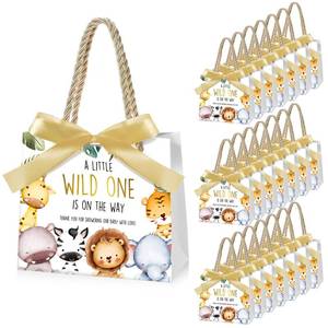 lot 2064 image: Spakon 25 Pcs Safari Baby Shower Bags Animals Jungle Party Favor Goodie Bags with Handle Ribbon a Little Wild One Is on The Way Gift for Baby Shower Birthday Party Supplies