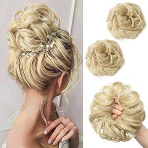 lot 2083 image: SARLA 2PCS Messy Hair Bun Hair Pieces Wavy Curly Synthetic Updo Fake Scrunchies Ponytail Extension for Women Ash Blonde
