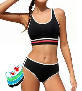 lot 2154 image: BamPjs Girls Two Piece Swimsuits Tween Period Bathing Suit Black High Waisted Bikini Padded Tankini Summer Beach Swimwear Set S flower pattern