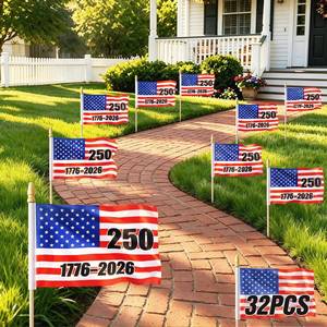 lot 2166 image: 250th Anniversary Flag, 32 Pack Small American Flag on Stick 1776-2026 Mini USA Patriotic Handheld Flags for 4th of July Outside Parade Decorations,4x6 Inch