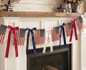 lot 2204 image: Patriotic Garland 4th of July Decorations, Vintage Americana Flag Garland with Bows, Retro Handmade Burlap Flags Bows, Fourth of July Banner for Mantle Wall Memorial Independence Labor Day, 6.5 Ft