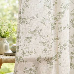 lot 6329 image: jinchan Green Floral Linen Curtains 63 Inch Farmhouse Back Tab 2 Panels
