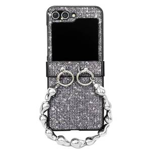 lot 6331 image: casafyne for Samsung Galaxy Z Flip 6 Case with Metal Chain Phone Charm, Radiant Sparkle Bling Glitter Theme, Classical Folding PU Leather Slim Shockproof Cover for Samsung Z Flip6 (Glitter Black)