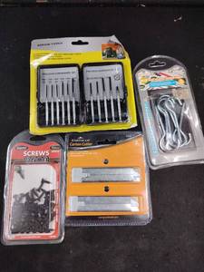 lot 6334 image: Precision Screwdriver Set, Carton Cutter, Screws, and Hooks Lot 4-Piece