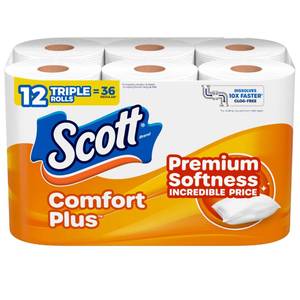 lot 7578 image: Scott ComfortPlus Toilet Paper, 12 Triple Rolls, 231 Sheets per Roll, Septic-Safe, 1-Ply Toilet Tissue