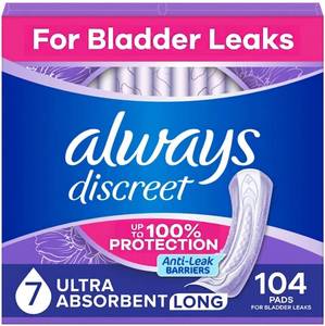 lot 7588 image: Always Discreet Adult Incontinence Pads for Women, Drier, 7 Drop Long Length, Ultra Absorbency, Pads for Bladder Control Management, Bladder Leaks, Overnight & Postpartum Pads, 104ct