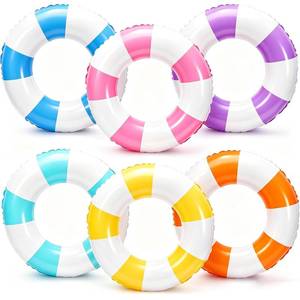 lot 7601 image: Whaline 6 Pcs 30.7 Inch Pastel Striped Inflatable Swimming Float Toy Swim Ring Print Pool Lounger Tube for Adult Summer Swimming Beach Party