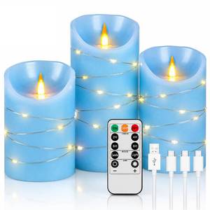 lot 8280 image: Rechargeable LED Candles, Real Wax, 4 5 6 in, Sky Blue, 3 Pack  USB Rechargeable Real Wax Candles with Remote, Timer and Star Lights