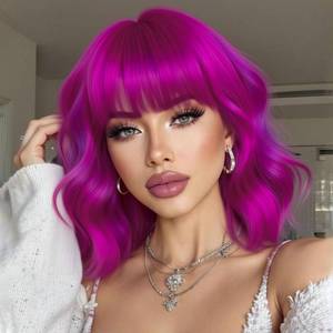 lot 8284 image: plenday Rose mixed Purple Wigs with Bangs for Women,Shoulder Length Short Wavy Bob Wigs With Bangs Synthetic Bob Wig Curly Wig Heat Resistant Colorful Wavy Wig Cosplay Fun Wigs For Daily Party