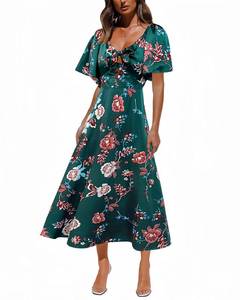 lot 8297 image: Fashionme 2025 Maxi Womens Dresses Deep V Neck Elegant Bow Tie Front Short Sleeve Summer Casual Floral Smocked Sun Dress Wedding Guest Graduation Vacation Beach Tea Party Dark Green