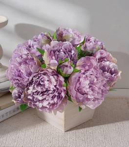 lot 8306 image: FancyPlus Artificial Hydrangea Flowers Arrangement in Wood Planter, 4PCS Fake Flowers in Wooden Vase Potted Floral Centerpieces for Tables Living Room Home Office Kitchen Decor (Purple Peony)