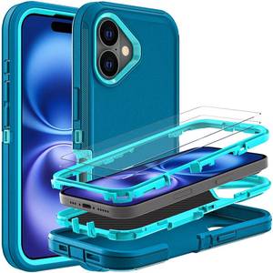 lot 8307 image: YKHJKLEC for iPhone 16 Case, Military Grade 3 in 1 Heavy Duty ShockproofDrop ProofDust Proof Case with 2Pcs Tempered Glass Screen Protector (BlueTurquoise)