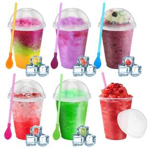 lot 8311 image: Ninehaoou 6 Set Slushie Cups with Dome Lids and Straws Detachable Spoon Straws Reusable Plastic Iced Coffee Cups Smoothie Tumbler for Birthdays Summer Party Supplies(Transparent White,16 oz)