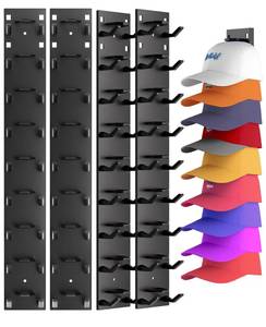 lot 8317 image: 4 Pack Hat Organizer for Baseball Caps, Strong Adhesive Hat Rack for Wall, Multilayer Hat Storage Display Holder for Door Closet, Cap Organizer Storage Wall Mounted Hat Hooks Hold up to 36 Hat (Black)