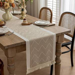 lot 8355 image: UWWGKK Coffee Geometric Linen Table Runner with Tassels, 14x107 Inch