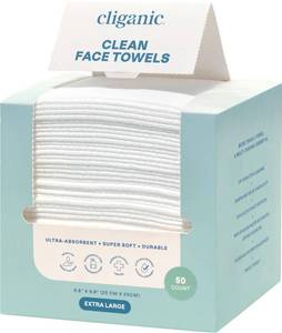 lot 8357 image: Cliganic Clean Face Towels XL, Disposable, Ultra-Absorbent, Hypoallergenic & Soft - Makeup Remover Dry Wipes, Pamper Your Face, Feel Fresh & Radiant, Hygienic Towelettes, for All Skin Types (50 Ct)