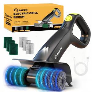 lot 8371 image: Saker Electric Grill Brush for Outdoor Grill, Bristle-Free Automatic Grill Cleaning Brush with 450 RPM & LED Light, Grill Rescue BBQ Brush Set with 3 Interchangeable Heads