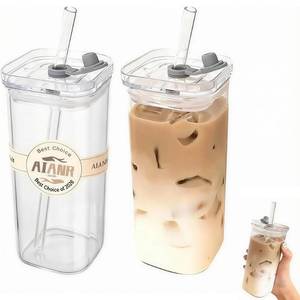 lot 11167 image: AIANR 2 PCS Square Coffee Cups with Lids and Straws, Tumblers 400ml14oz, Reusable Heat Transparent Resistant Glass Tumble for Coffee Milk Tea Juice, Gift for Family Friends