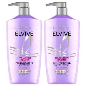 lot 11172 image: LOreal Paris Elvive Hyaluron Plump Shampoo and Conditioner Set for Dry, Dehydrated Hair, 72H Hydrating Hair Care, Infused with Hyaluronic Acid Complex, 53 Fl Oz Set (More Then Half Full) (Slight Leaking And Broken Nozzle )