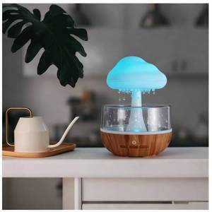 lot 11208 image: Weljoy Mushroom Cloud Rain Lamp, 7 Color Changing LED Tabletop Fountain with Water Drip Sounds, USB Rechargeable Desk Decor for Home, Office (Wood Grain Base)