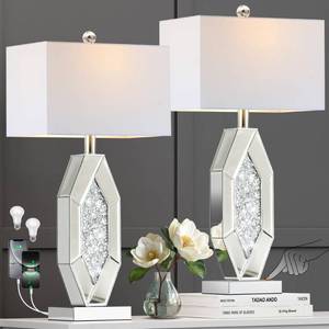lot 11211 image: Hamucd 3-Way Dimmable Touch Diamond Crushed Mirrored Bedside Table Lamps Set of 2 for Living Room with USB AC Ports,Tall Silver Modern Bling Nightstands Lamps for Bedroom with 2 Bulbs (Chrome)