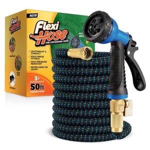 lot 11217 image: Flexi Hose Expandable Garden Hose with 8 Function Nozzle, 50FT - Lightweight Retractable Garden Hose, Water Hose - No-Kink Flexibility, 34 Inch Solid Brass Fittings and Double Latex Core