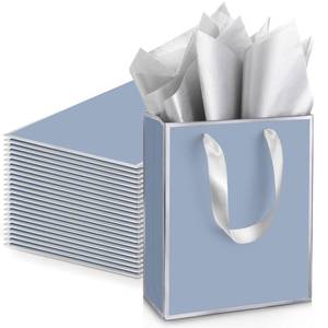 lot 12201 image: Yeaqee 24 Pack Metallic Paper Gift Bags, Dusty Blue, Silver