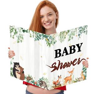 lot 12265 image: Large Baby Shower Greeting Card with Envelope �� 22 x 14 Inch Giant Sage Green Woodland Animals Card �� Paper Jumbo Guest Book with Baby Shower Cover & Oh Baby Inside �� Gender Neutral Party Decoration for Boy or Girl